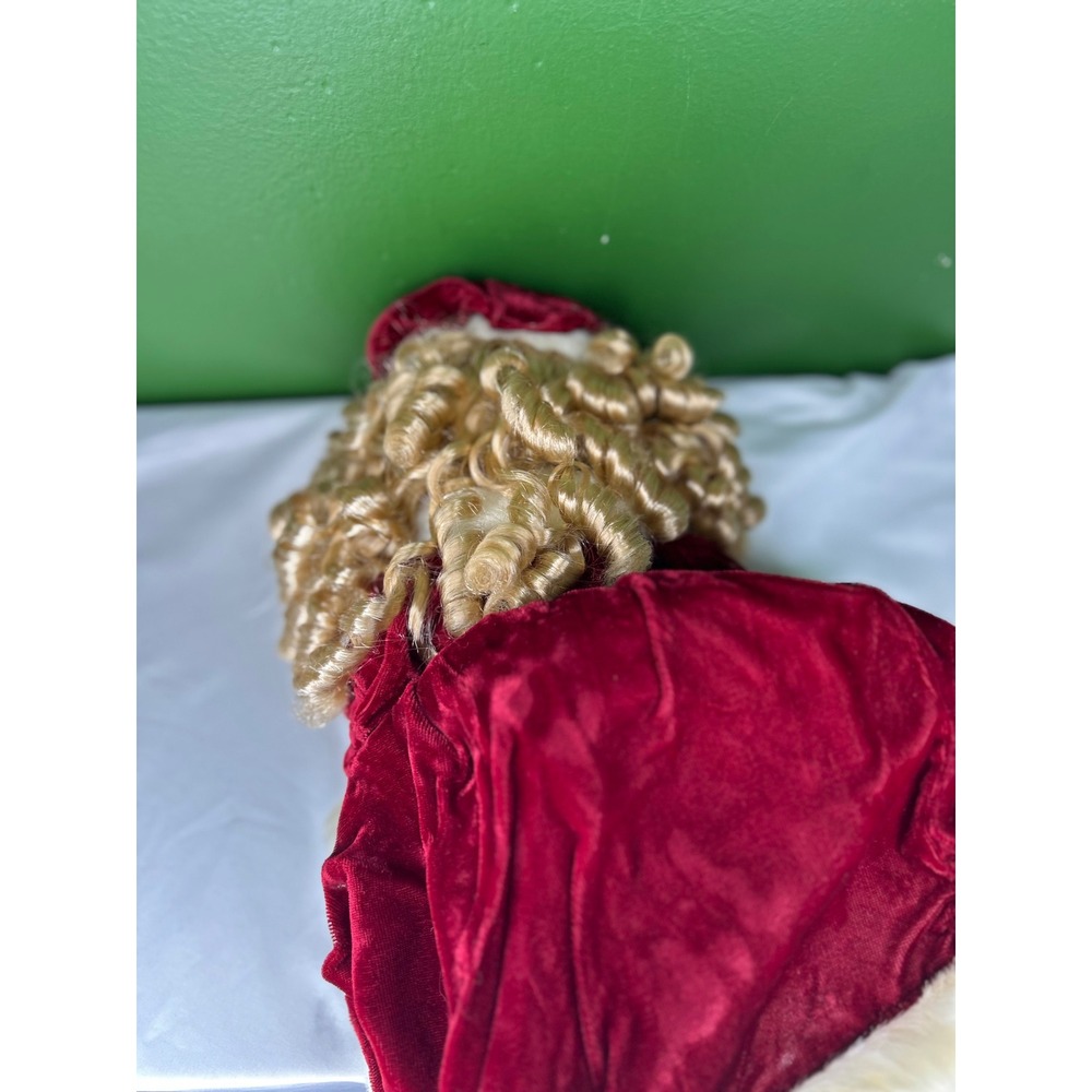 Vintage Porcelain Holiday Doll Burgundy Velvet Plaid Dress Faux Fur Trim Blonde - Picture 6 of 7